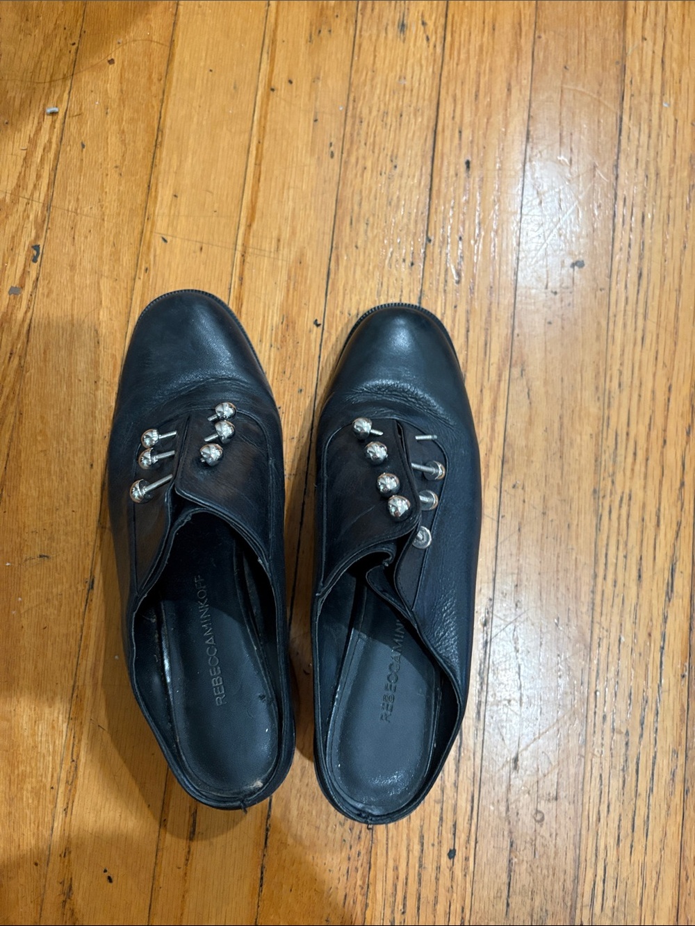 Rebecca Minkoff Black Leather Slip-On Loafers with Silver Stud Detail